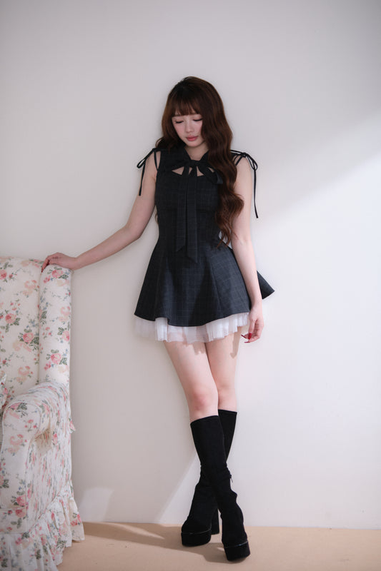 チュールレイヤード 肩リボン チェックワンピ