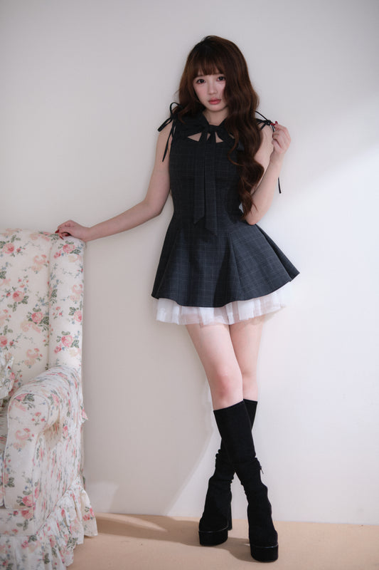 チュールレイヤード 肩リボン チェックワンピ