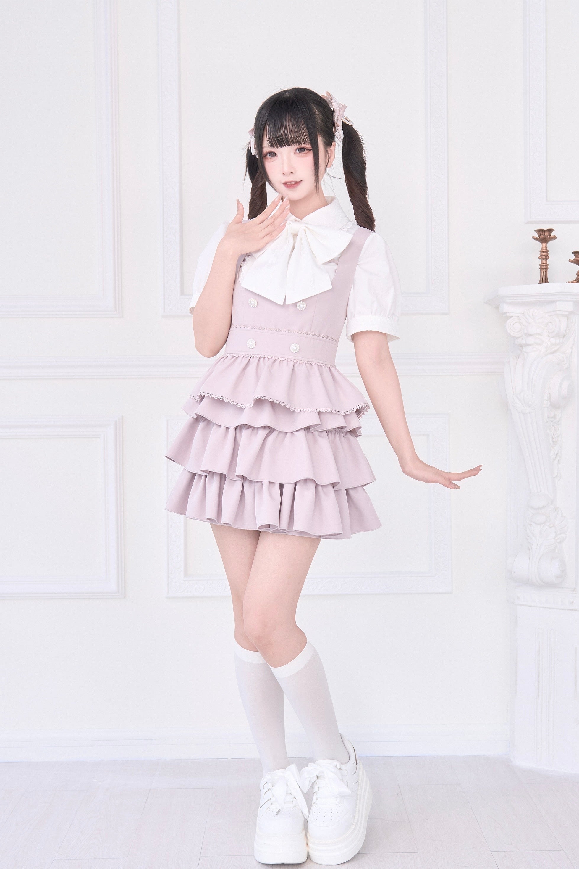 2WAYサロペットスカート グレー noGenki 2WAYサロペットスカート&リボンブローチブラウス – NoGenki