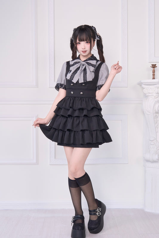 2WAYサロペットスカート&リボンブローチブラウス
