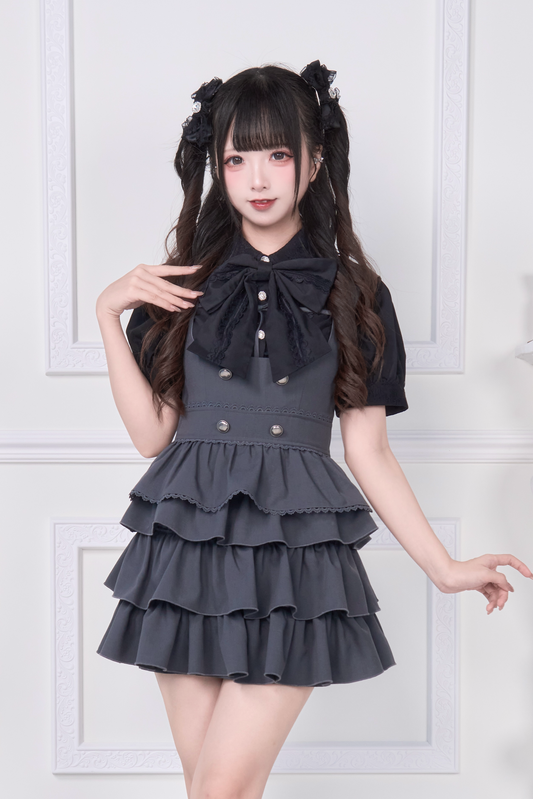 2WAY Overall Skirt &amp; Ribbon Brooch Blouse