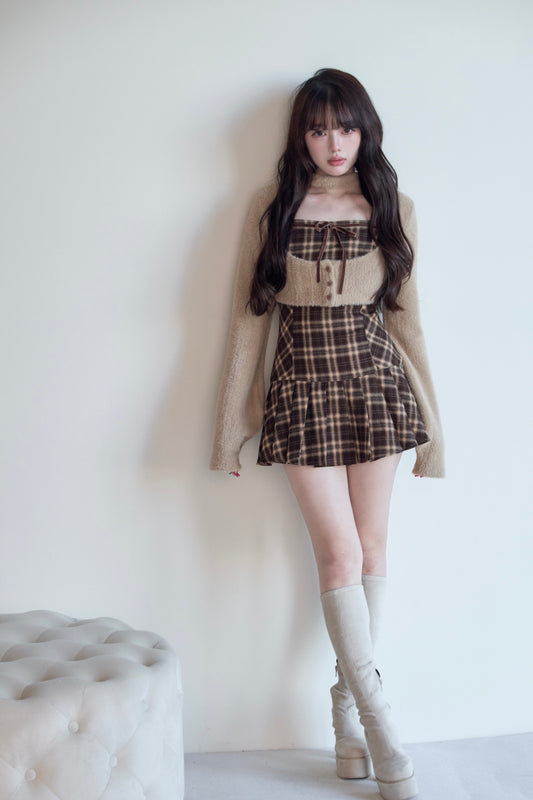 Fur bolero x checked mini dress