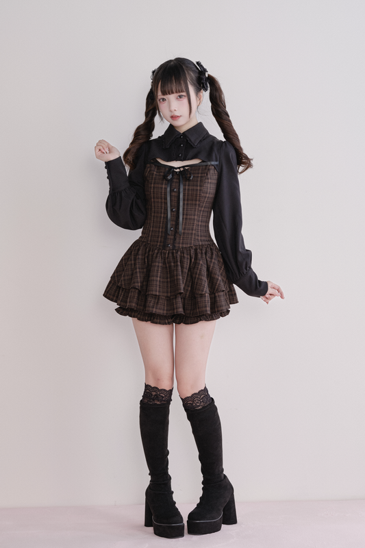 バックレースアップ チェックミニワンピ × ショートパンツセット