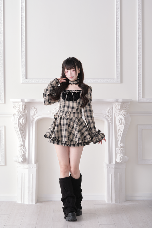 チェックリボンベルトフレアワンピース