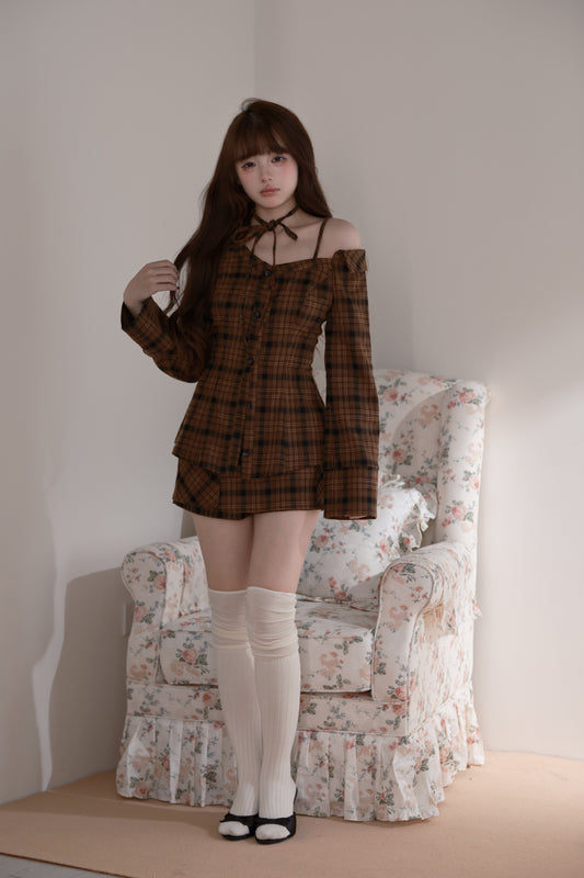 チェックオフショルダーシャツ キュロット セットアップ