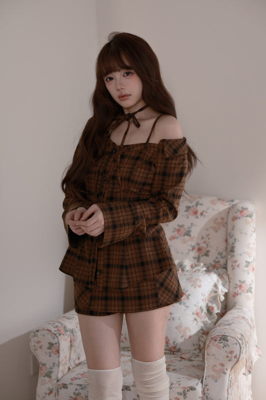 チェックオフショルダーシャツ キュロット セットアップ