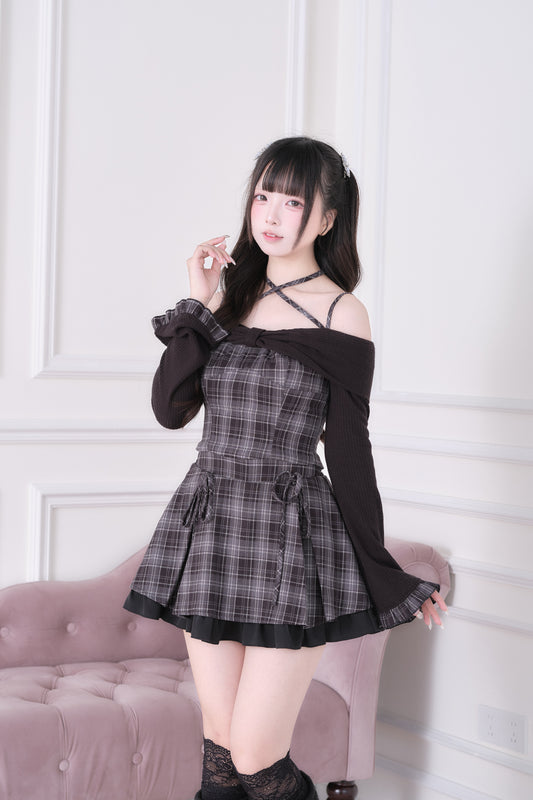 クロスネック チェック柄トップス＆ミニスカートセットアップ