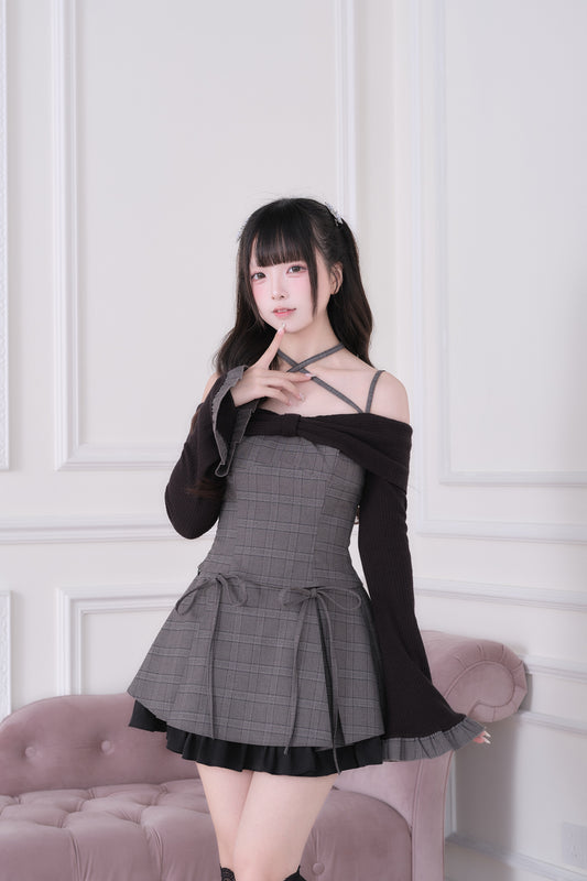 クロスネック チェック柄トップス＆ミニスカートセットアップ