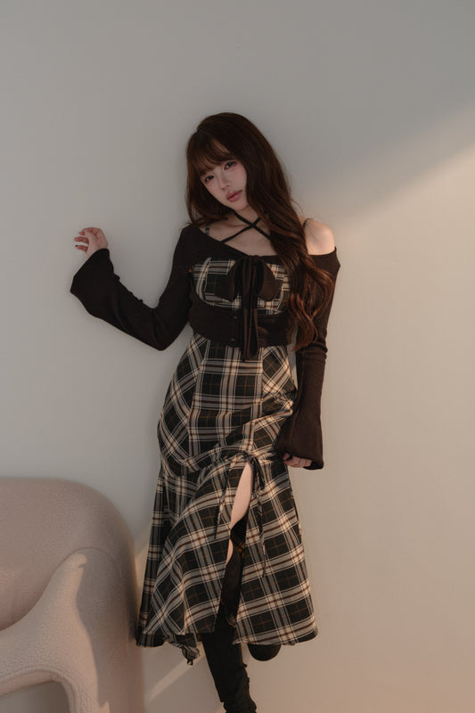 リボンファーボレロ×チェックロングワンピ