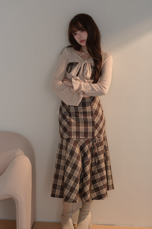 リボンファーボレロ×チェックロングワンピ