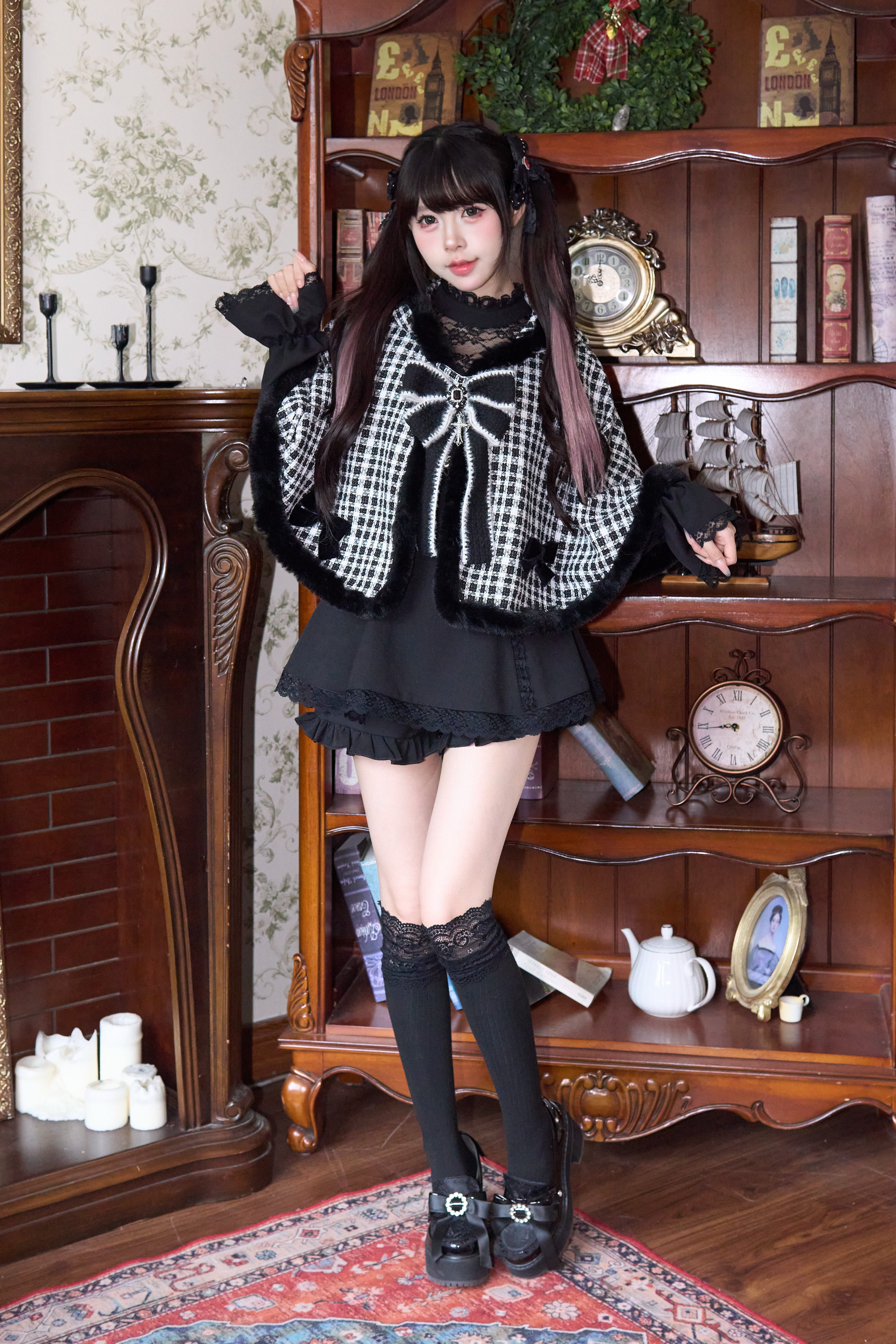 NoGenki ネコミミ ファーエッジ ケープコート チェック ネコミミ ファーエッジ ケープ チェックガラとブラック色 – NoGenki
